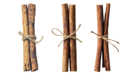 Set of cinnamon stick tied with twine isolated on transparent background, PNG, cut out