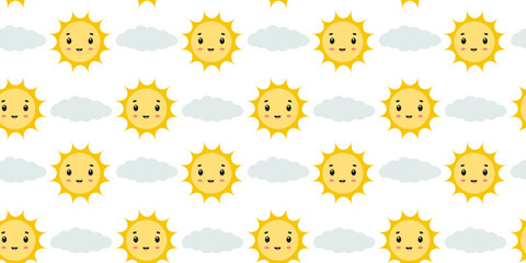 Fototapeta premium Bright and cheerful sun with smiling faces against a light background featuring fluffy clouds