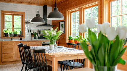 Fototapeta premium rustic kitchen featuring wooden cabinets, farmhouse table, and large windows. space is bright and inviting, adorned with plants and fresh flowers, creating warm atmosphere