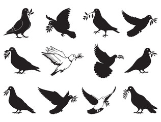PIGEON WITH BRANCH SILHOUETTE WHITE BACKGROUND