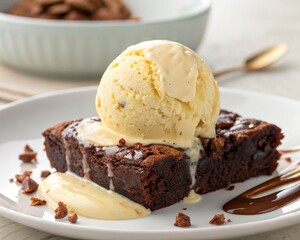  Scoop of melting vanilla ice cream on a warm brownie