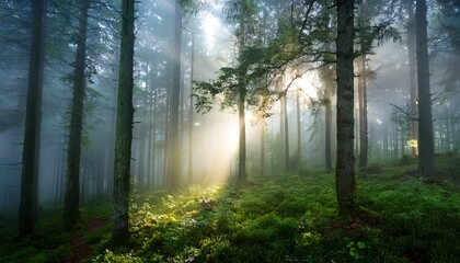 Misty forest in the early morning, soft light filtering through dense fog, creating a magical and serene environment.
