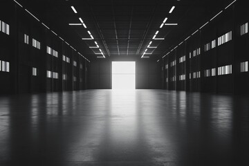 Open warehouse space with bright light at the far end during early morning hours