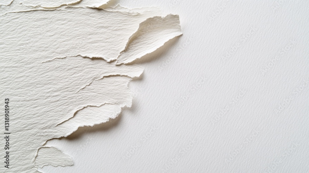Poster delicate, torn edges of textured paper reveal intricate patterns, contrasting vividly against a cris