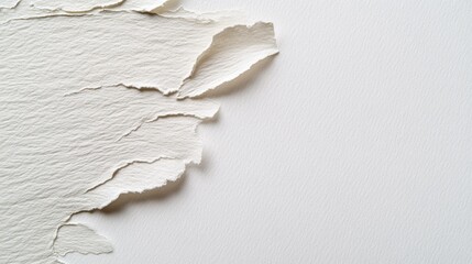 Delicate, torn edges of textured paper reveal intricate patterns, contrasting vividly against a crisp white backdrop, showcasing creativity and artistry in simple materials