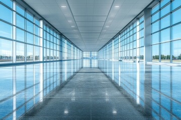 Modern hallway with large glass windows on a clear day showing reflection and spacious design