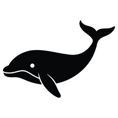 Silhouette of a dolphin and vector illustration of a cartoon shark swimming in the ocean.