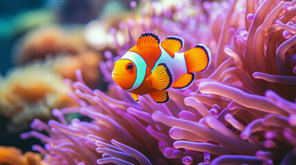 Colorful clownfish swimming among vibrant coral reefs in ocean habitat