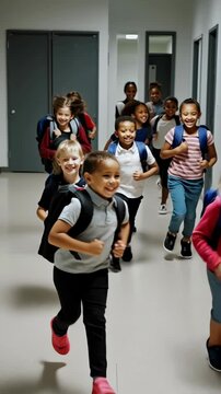 Vertical video of multiracial Children running happily through school hallway after class