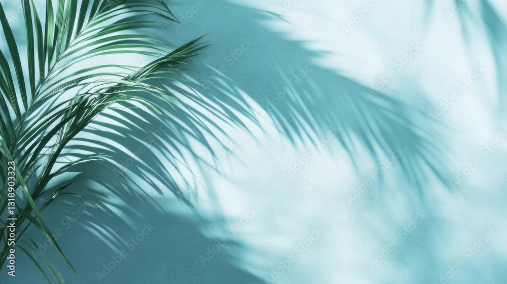Poster Sunlight streams gently through lush palm leaves, creating intricate shadows on a tranquil blue background, evoking a peaceful and calming atmosphere