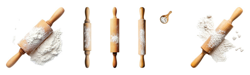 Set of A wooden rolling pin lightly dusted with flour isolated on transparent background, PNG, cut out