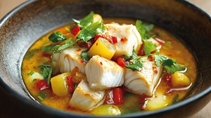 Fresh White Fish Fillet Stew with Colorful Vegetables and Herbs in a Rustic Bowl