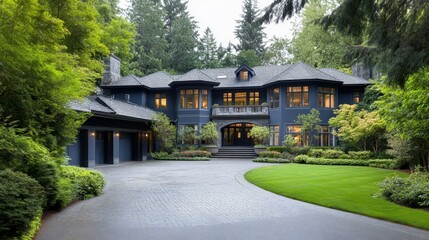 Fototapeta premium A modern, elegant house surrounded by lush greenery, featuring a spacious driveway and large windows for natural light.