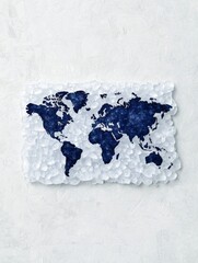 A decorative piece depicting a world map in dark blue on a textured white background, symbolizing global connection and geography.