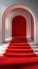 Elegant red carpet steps lead into a grand arched entryway illuminated by soft light