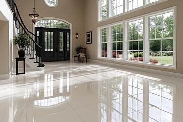 An elegant home entrance displays expansive windows and a grand staircase