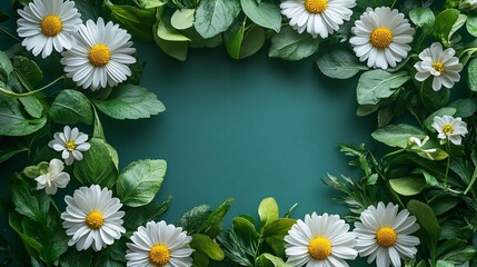 Obraz premium White Daisies and Green Leaves Create a Natural Border Frame