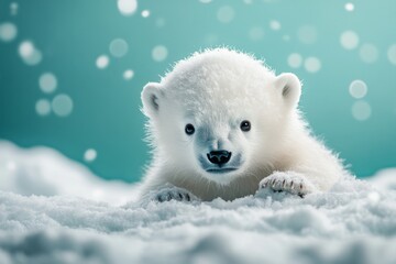 Obraz premium Cute polar bear cub playing in fresh snow with a soft blue background during a winter day