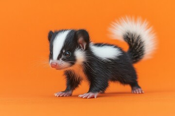 Obraz premium Adorable small animal with black and white fur on bright orange background in playful pose