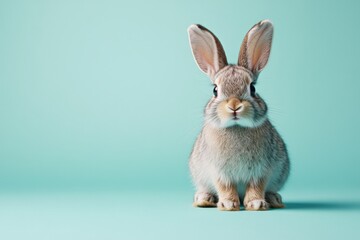 Obraz premium Cute fluffy rabbit sitting on a light blue background looking curiously at the camera with bright eyes and perked ears