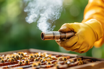 A beekeeper's gloved hand skillfully operates a smoker, sending wisps of white smoke into the air. Nearby, hives sit peacefully, reflecting a tranquil beekeeping moment in nature