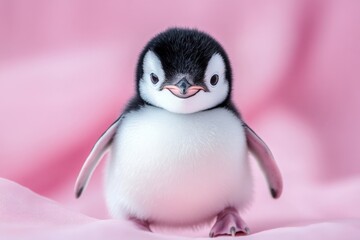 Fototapeta premium Cute baby penguin standing on soft pink fabric with a playful expression in a cozy indoor setting