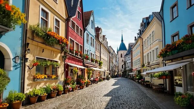 Charming European streetscape with colorful buildings and cobblestone roads