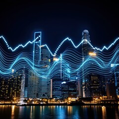 Digital sound wave technology, A vibrant city skyline at night, illuminated with digital wave patterns representing data and technology trends.