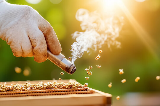 A beekeeper skillfully uses a smoker, releasing gentle white smoke to soothe bees as the sun sets behind lush greenery. Hives stand in the background, filled with busy activity