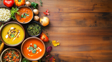 A delightful assortment of homemade autumn soups, featuring seasonal vegetables and organic ingredients, beautifully arranged on a wooden background--top-down view with copy space