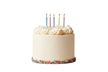 Geburtstagstorte mit brennenden Kerzen und Streuseln – PNG mit transparentem Hintergrund

