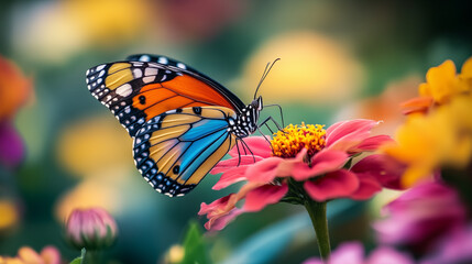 Fototapeta premium A beautiful butterfly with brightly colored wings sits on a flower, on a blurred background