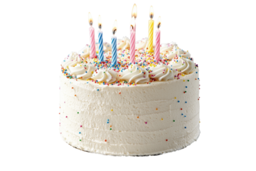 Geburtstagstorte mit brennenden Kerzen und Streuseln – PNG mit transparentem Hintergrund

