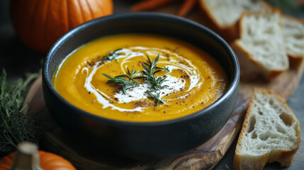 A delightful pumpkin and carrot soup, beautifully presented with fresh herbs, cream, and crusty bread