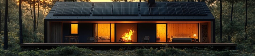 Fototapeta premium Modern eco-friendly cabin with solar panels and warm fire inside. Generative AI