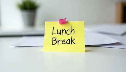Lunch break note on a desk with stationery background