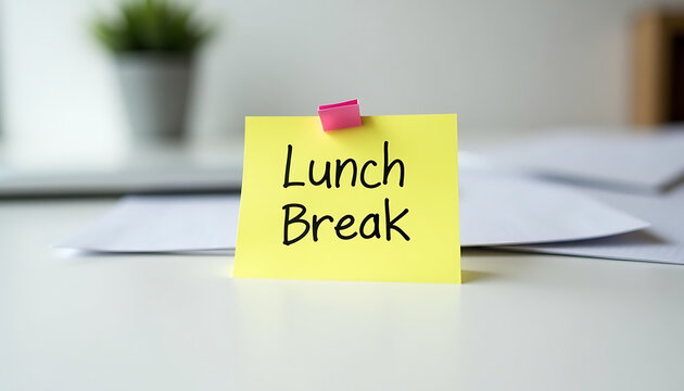 Lunch break note on a desk with stationery background