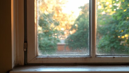 View from the grungy window showing a garden during golden hour