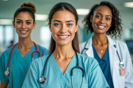 A group of smiling female doctors and nurses wearing medical scrubs and stethoscopes. A welcoming and professional healthcare team in a bright hospital environment