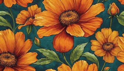 Floral Harmony: A vibrant floral pattern showcases close-up view of brightly-colored sunflowers, creating a lively decorative repeat design.