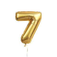 Shiny Gold 7 Number Balloon, Celebratory Foil Balloon Decoration. isolated on transparent background Helium balloons font