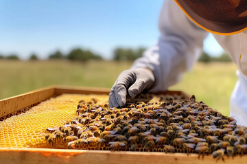 A beekeeper diligently examines the brood box of a hive, surrounded by a serene outdoor environment. Bright protective gear highlights the harmony of nature and beekeeping practice