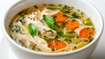 A wholesome homemade chicken soup with noodles and vegetables, elegantly isolated against a white background