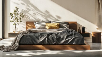 Generative AI, Minimalist Bedroom with Charcoal Gray Bedding and Mustard Yellow Accent Pillow