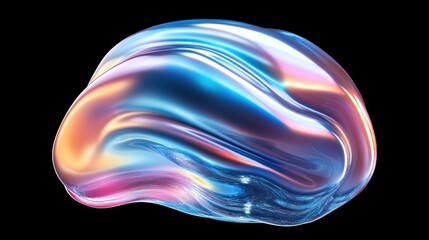 Abstract iridescent blob with blue, pink, and orange hues on black background.