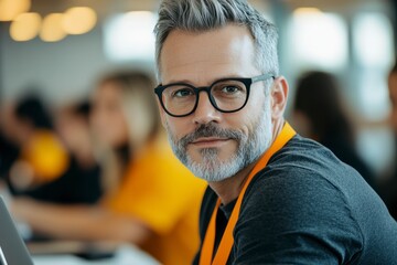 Obraz premium Confident Professional: A charismatic mature man with stylish grey hair and glasses, exudes an air of confidence. The setting is a modern, open space.