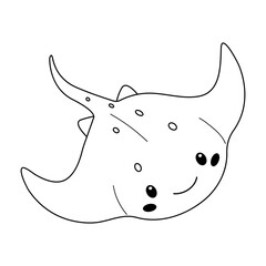 Cute cartoon stingray swimming in the ocean with a friendly smile in doodle style