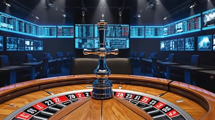 A roulette wheel with screens in the background showing stock market data - Powered by Adobe