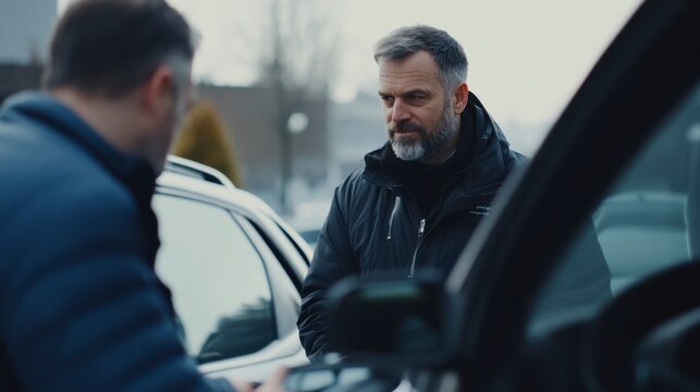 Negotiation in the Urban Scene: A candid moment unfolds as two businessmen engage in an animated discussion next to parked cars, their expressions revealing the intensity of the negotiation. 