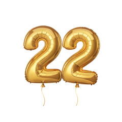 Shiny Gold Number 22 Balloon, Celebratory Foil Balloon Decoration. isolated on transparent background Helium balloons font
